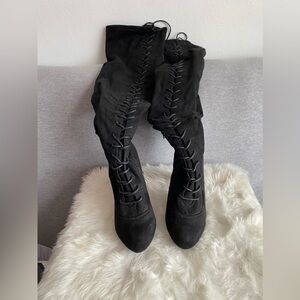 Black Knee High Lace Up Heeled Boots
